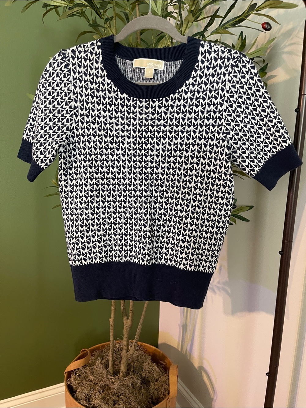 Michael Kors Navy and White Short-Sleeve Logo Knit Sweater
